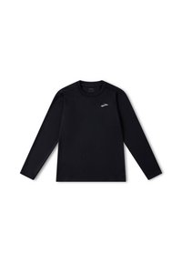 Schwarzes langärmeliges Sportshirt mit Rundhalsausschnitt, aus glattem Stoff gefertigt, mit einem kleinen silbernen Logo auf der Brust und flachen Nähten.