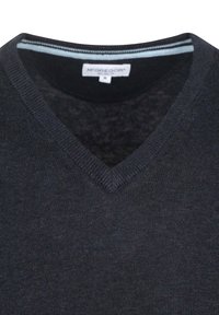 Dark navy V-neck sweater made of soft knit material, featuring a textured finish and a subtle contrasting stripe inside the neckline.