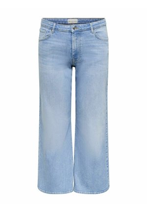 Lyseblå vidbenede cropped jeans i denim med forlommer, knap- og lynlåslukning, vist mod en hvid baggrund.