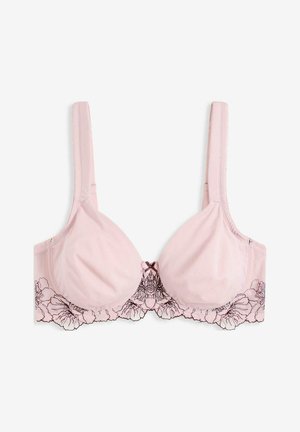 Soutien-gorge imbottito rosa chiaro con ferretto, spalline regolabili, bordo in pizzo floreale lungo il fondo e un piccolo fiocco al centro.