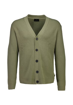 Olijfgroene geribde gebreide cardigan met lange mouwen en vijf donkere knopen aan de voorkant.