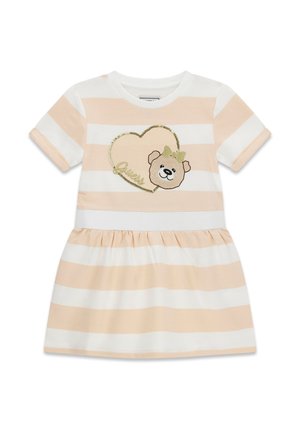 Robe à manches courtes pour tout-petit avec des rayures horizontales beige et blanches, un contour de cœur et un visage d'ours avec un nœud sur le devant.