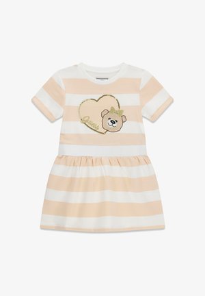 Robe à manches courtes pour tout-petit avec des rayures horizontales beige et blanches, un contour de cœur et un visage d'ours avec un nœud sur le devant.
