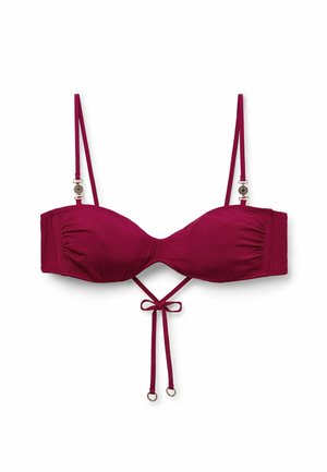 Burgundy bikini top featuring a structured cup design, adjustable straps, and a front tie closure with gold-tone hardware accents.