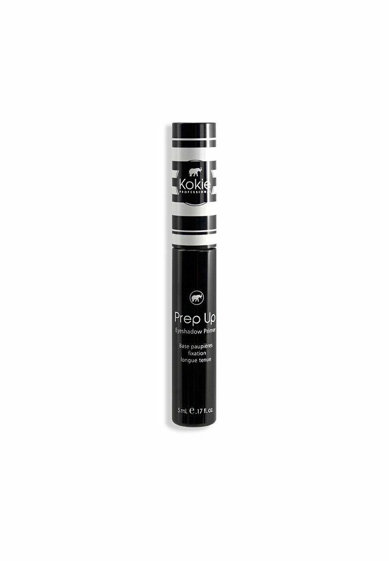 Sort cylindrisk tube med sølvfarvede accenter, mærket "Prep Up Eyeshadow Primer" og "Kokie Professional." Indeholder 5 ml produkt.