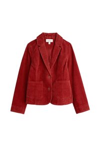 Blazer in velluto a coste rosso con revers, due tasche frontali e due bottoni. Tessuto testurizzato con righe verticali. Vestibilità regolare.