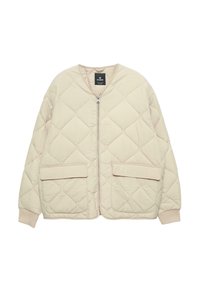 Giacca trapuntata beige con cuciture a diamante, chiusura frontale con zip, due tasche a patta, polsini a coste e scollo rotondo.