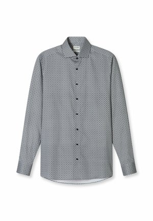 Long-sleeve shirt with a geometric black-and-white pattern, button closure, and a classic collar made from lightweight fabric.