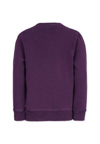 Lila sweatshirt, långärmad, rundad halsringning, texturerad tyg, ribbade ärmslut och kant. Enkel, enfärgad design utan synliga logotyper.