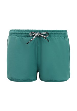 Turquoise zwembroek met elastische tailleband en zwart-wit zigzagkoord, vooraan in het midden gestrikt als een strik.