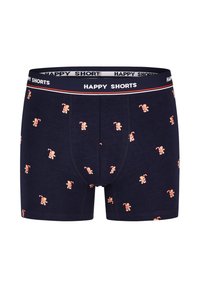 Donkerblauwe boxershorts van zachte stof, met een patroon van herhalende peperkoekmannetjes en candycanes. Elastische tailleband met de tekst "HAPPY SHORTS".