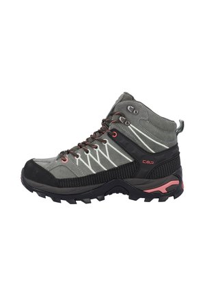 Gray and black high-top hiking boot with pink accents, rugged sole, red and black laces, and CMP logo on the side.