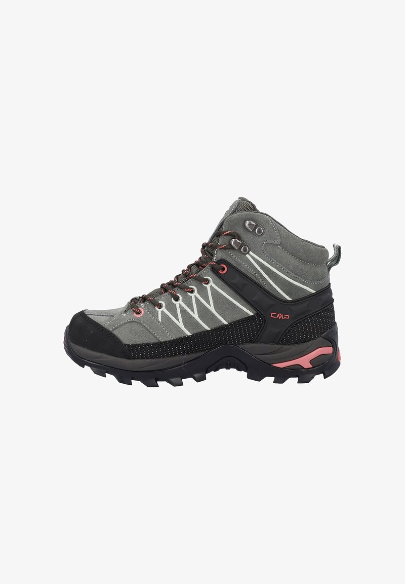 Gray and black high-top hiking boot with pink accents, rugged sole, red and black laces, and CMP logo on the side.