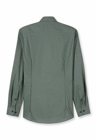 Dunkelgrünes Langarmshirt mit subtiler Struktur, abgerundetem Saum, Knopfmanschetten und klassischem Kragen. Rückansicht, keine sichtbare Markenkennzeichnung.