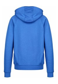 Un sweat à capuche bleu avec une poche kangourou à l'avant, fabriqué dans un tissu doux. Il possède une capuche avec cordon de serrage et des poignets et un ourlet côtelés. Texture lisse.