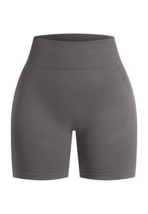 Hoge taille sportshorts in donkergrijs, met een zachte textuur en subtiele ribbelaccenten langs de tailleband en de benen.