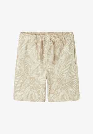 Beige shorts with a white leaf pattern, featuring an elastic waistband and drawstring. Made from soft fabric with a smooth texture.