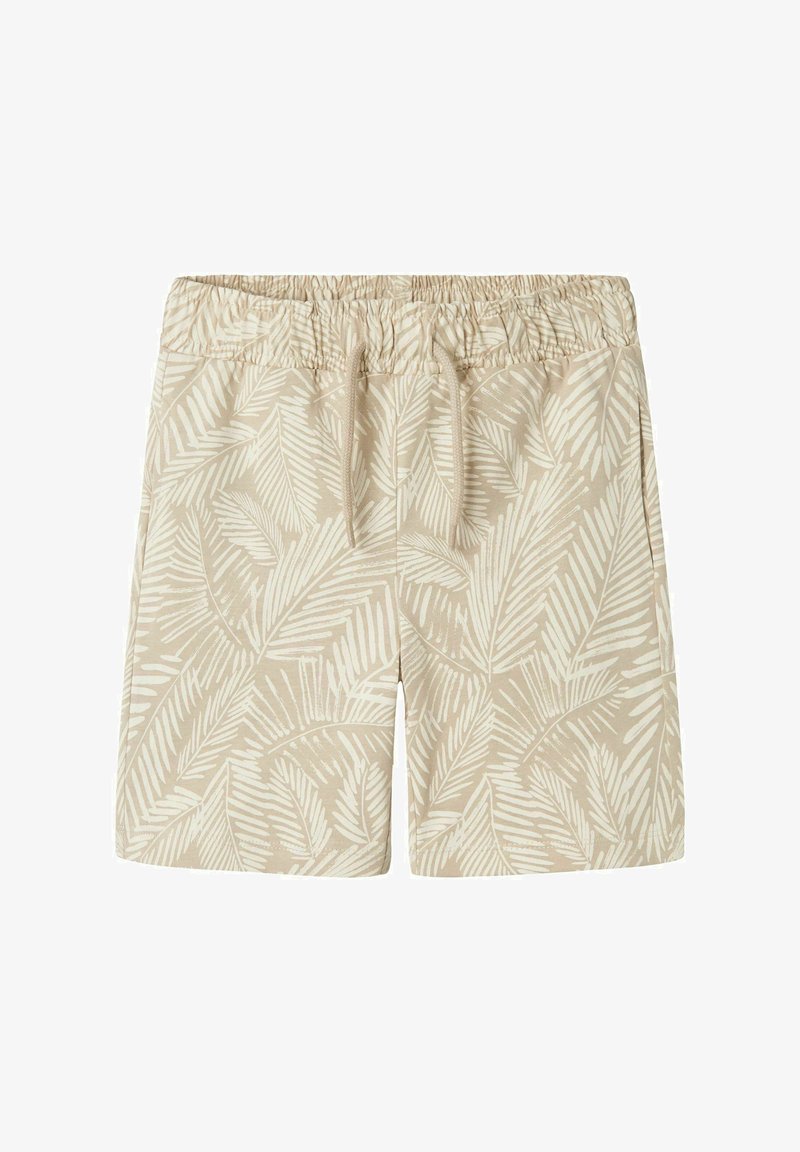 Beige Shorts mit einem strukturierten Blattmuster in Cremeweiß, ausgestattet mit einem elastischen Bund und einem verstellbaren Kordelzug für eine perfekte Passform.