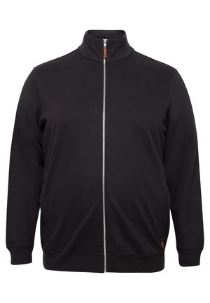 Schwarze Zip-up-Jacke mit Stehkragen, mit glatter Textur und seitlichen Taschen. Mit einem kleinen Markenetikett am Saum akzentuiert.