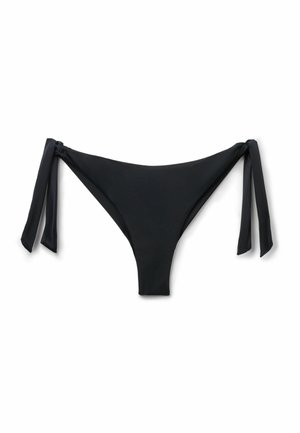 Schwarzer Bikinihöschen mit seitlichen Bindebändern auf weißem Hintergrund, entworfen für verstellbare Passform und minimalistischen Stil.