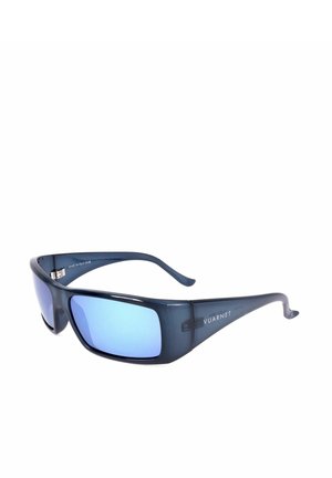 Occhiali da sole avvolgenti blu scuro con lenti riflettenti blu e logo Vuarnet sulla stanghetta, visti da una prospettiva laterale angolata.
