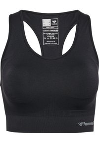 Zwarte sportbeha gemaakt van een mix van polyamide en elastaan. Heeft een racerback ontwerp en een ribbelband met een logo aan de onderkant.