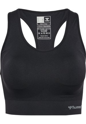 Schwarzer Sport-BH aus einer Mischung aus Polyamid und Elasthan. Mit Racerback-Design und einem gerippten Bund mit einem Logo am unteren Rand.