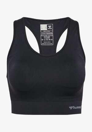 Schwarzer Sport-BH aus einer Mischung aus Polyamid und Elasthan. Mit Racerback-Design und einem gerippten Bund mit einem Logo am unteren Rand.
