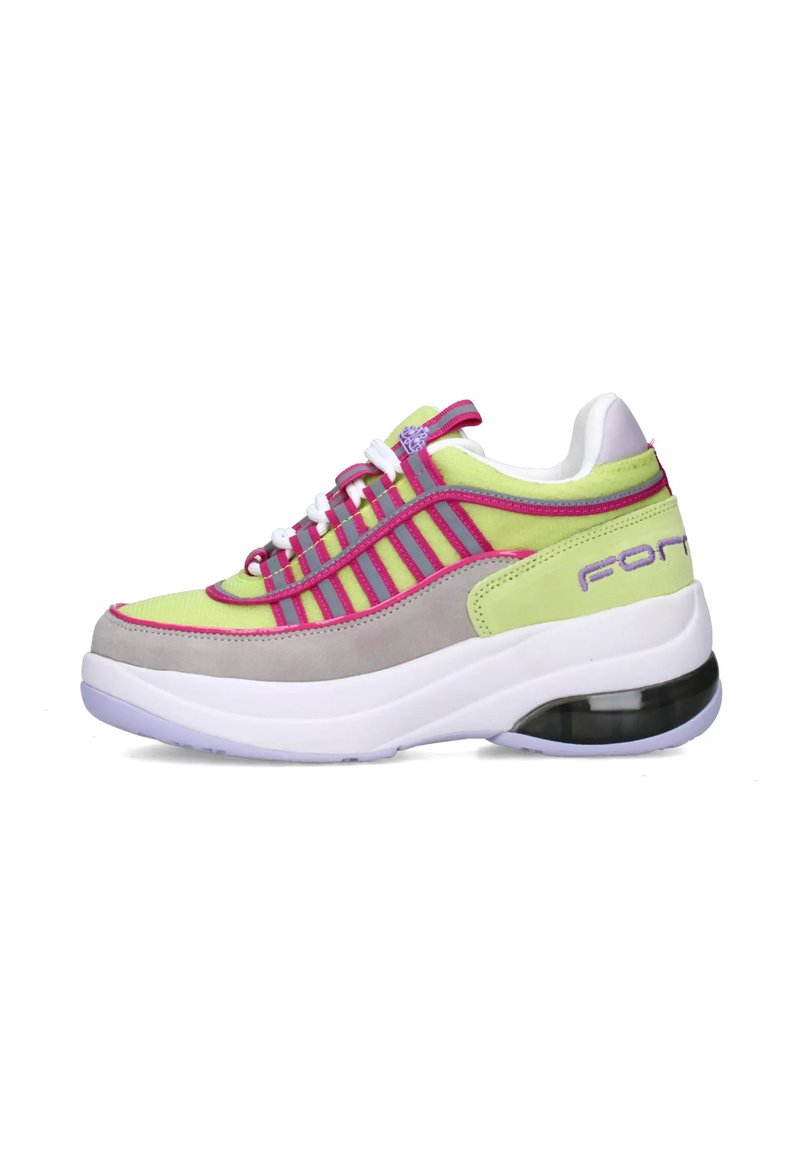 Sneaker multicolore caratterizzato da un mix di giallo neon, dettagli rosa e suede grigio. Suola bianca spessa con un'unità di ammortizzazione visibile.