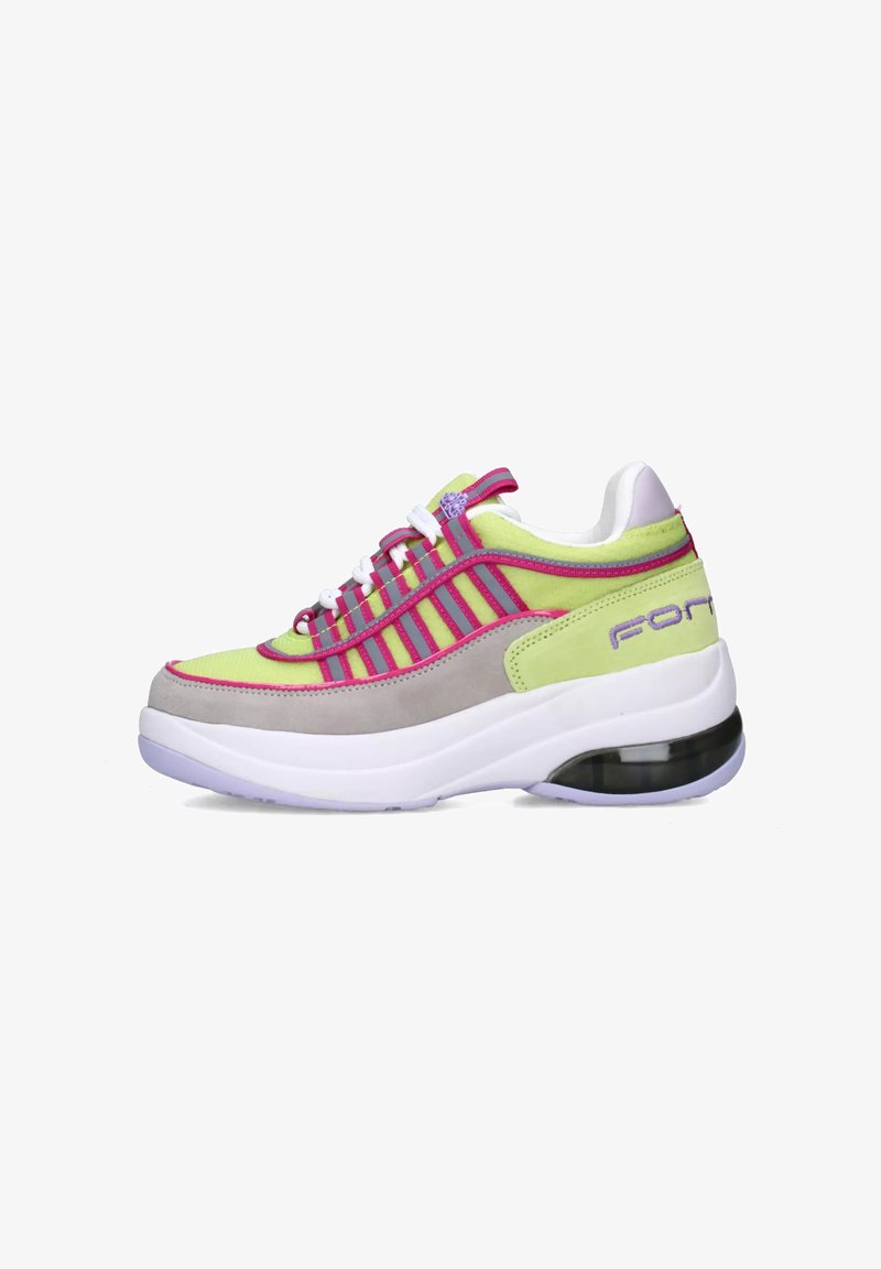 Sneaker multicolore caratterizzato da un mix di giallo neon, dettagli rosa e suede grigio. Suola bianca spessa con un'unità di ammortizzazione visibile.