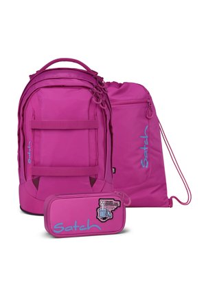 Bright pink backpack, matching drawstring bag, and pencil case with blue "Satch" logo and "Trash Makes the Difference" patch on pencil case.