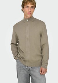 Cardigan marrone chiaro con zip, collo alto, polsini e orlo a coste, caratterizzato da una texture liscia e un dettaglio centrale con cucitura.