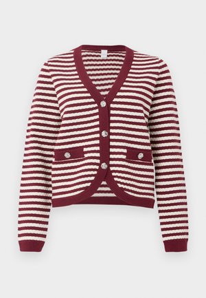 Burgunderfarget og hvitstripet cardigan med lange ermer, V-hals, ribbede kanter, frontlommer og fire dekorative knapper.