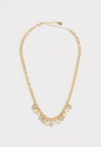 Gold chain necklace featuring circular and textured pendants, with alternating smooth and crystal-accented discs. Adjustable clasp at back.