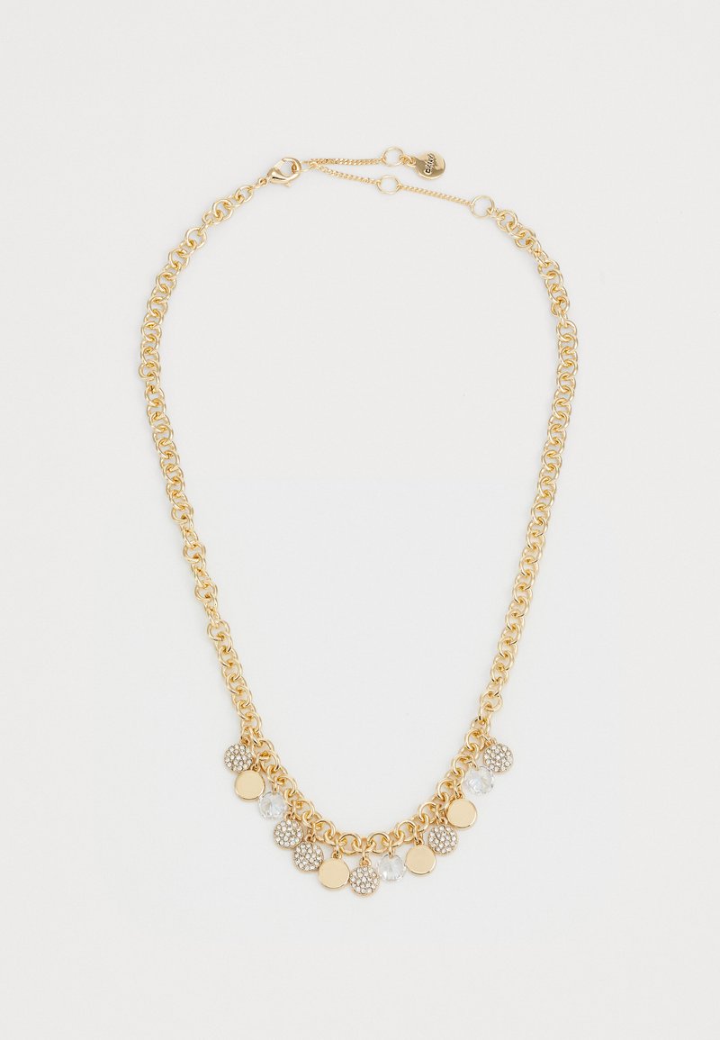 Gold chain necklace featuring circular and textured pendants, with alternating smooth and crystal-accented discs. Adjustable clasp at back.