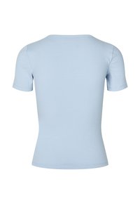 Light blue short-sleeve ribbed t-shirt with a fitted design and a round neckline. Smooth texture and clean finish at sleeves and hem.