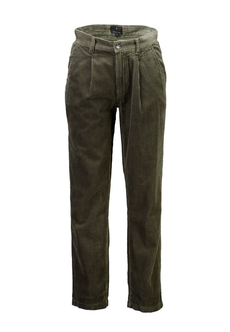 Olijfgroene corduroy broek met een textuur ribbelpatroon, voorzien van een knoopsluiting aan de voorkant en een rechte pijpdesign.