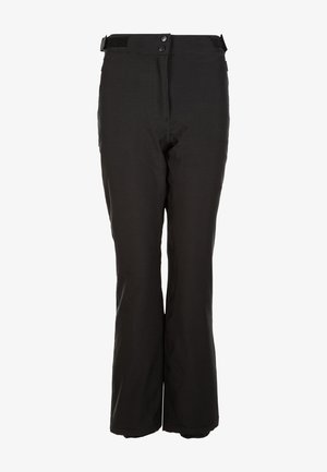 Mustat suorat housut, valmistettu sileästä kankaasta, joissa on kaksi nappia vyötäröllä ja tarranauha-yksityiskohtia. Ei näkyviä kuvioita.