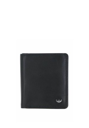 Black leather bifold wallet with visible stitching and a small silver logo emblem in the lower right corner on a white background.