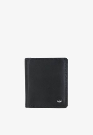 Black leather bifold wallet with visible stitching and a small silver logo emblem in the lower right corner on a white background.