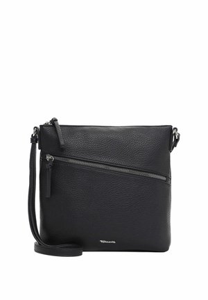 Zwarte leren crossbodytas met korrelstructuur, diagonale ritssluiting aan de voorkant, verstelbare riem en een subtiel zilverkleurig logo net onder het midden aan de onderkant.