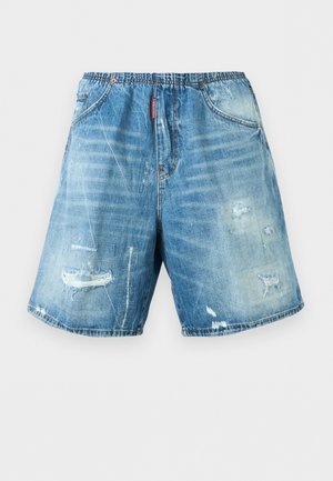 Pantaloni scurți de denim albaștri cu talie elastică, buzunare frontale și detalii uzate pe coapse și tiv.