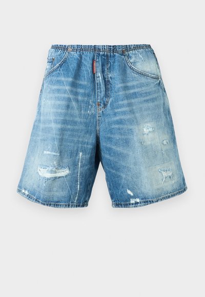 Μπλε τζιν σορτς με ελαστική μέση, εμπρόσθιες τσέπες και ξεθωριασμένες λεπτομέρειες στους μηρούς και το τελείωμα.