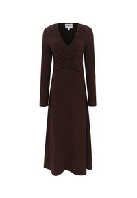 Braunes langärmliges Kleid mit tiefem V-Ausschnitt und gerafften Details an der Vorderseite, mit einem taillierten Schnitt, der bis zum Saum fließt.