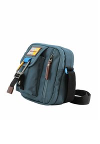 Borsa a tracolla in tessuto blu con molteplici tasche con zip, dettagli in pelle marrone e una tracolla rimovibile. Patch del logo distintivo "Discovery".
