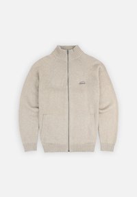 Sweater zippé beige clair avec un col haut en côtes, des manches raglan, deux poches latérales et un petit logo "OXBOW" bleu sur la poitrine.