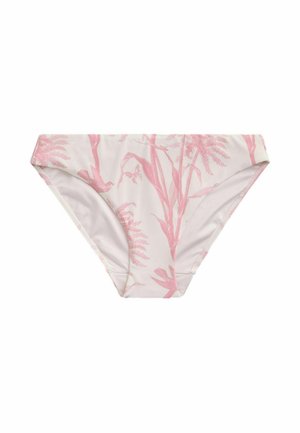 Białe majtki od bikini z różowym botanicznym nadrukiem przedstawiającym liście i kwiaty, wyświetlone na płasko na białym tle.