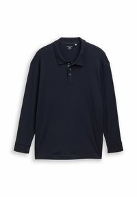 Marineblauwe polo met lange mouwen, gemaakt van textuurstof, met een klassieke kraag, een knoopsluiting met drie knopen en geribde manchetten.