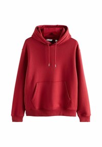 Rød hættebluse lavet af blødt stof, med en frontlomme i kangaroo-stil, justerbar hætte med snor og ribbede manchetter og kant.