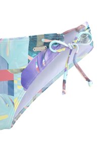 Multicolor bikini bottom met abstracte patronen, gladde stof, verstelbare striksluiting aan de zijkant en een klein zilveren logo-tag met de tekst "Venice Beach."